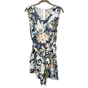 Lush Floral Print Sleeveless Linen Blend Romper with Tie Waist‎ Casual Chic sz L